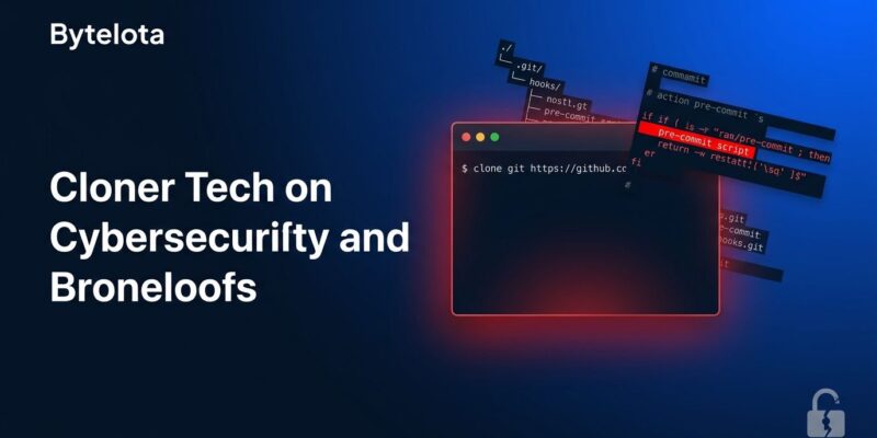 Dark blue terminal showing malicious git repository clone with glowing red warning, illustrating CVE-2026-26268 Cursor git hook RCE vulnerability