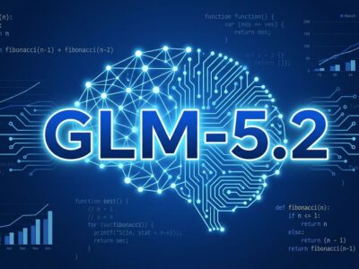 GLM-5.2 neural network visualization with benchmark data and code snippets on dark blue background