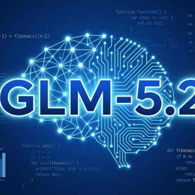 GLM-5.2 neural network visualization with benchmark data and code snippets on dark blue background