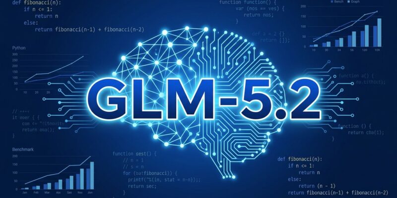GLM-5.2 neural network visualization with benchmark data and code snippets on dark blue background