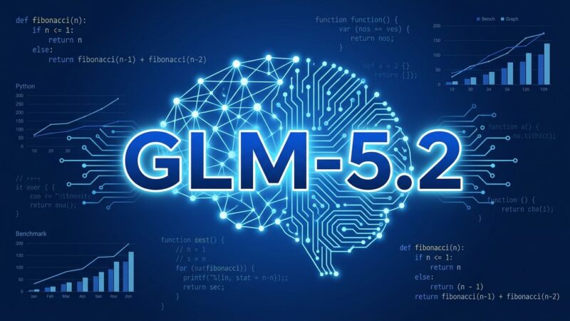 GLM-5.2 neural network visualization with benchmark data and code snippets on dark blue background