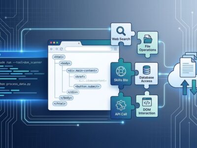 Claude agent tools including computer use, browser use, Skills API and Files API going generally available - illustrated as interconnected blue and white tech workflow diagram