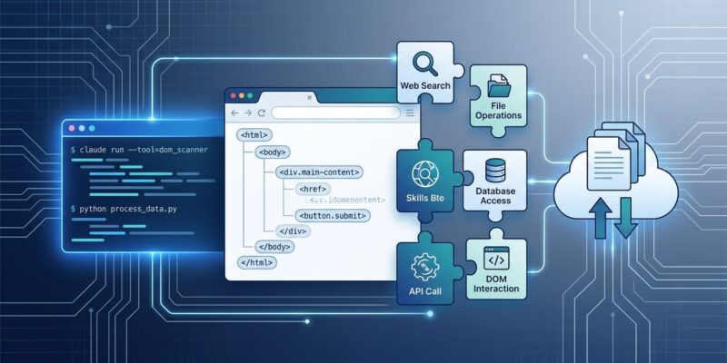 Claude agent tools including computer use, browser use, Skills API and Files API going generally available - illustrated as interconnected blue and white tech workflow diagram
