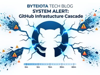 GitHub invertocat logo with fracture lines radiating outward representing the 8-hour August 2026 outage caused by Istio autoscaling failure and VS Code retry storm