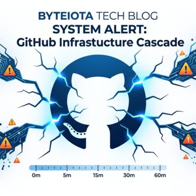 GitHub invertocat logo with fracture lines radiating outward representing the 8-hour August 2026 outage caused by Istio autoscaling failure and VS Code retry storm