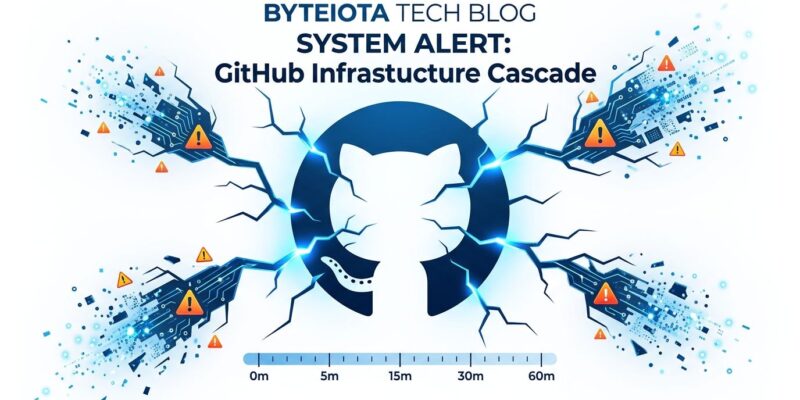 GitHub invertocat logo with fracture lines radiating outward representing the 8-hour August 2026 outage caused by Istio autoscaling failure and VS Code retry storm