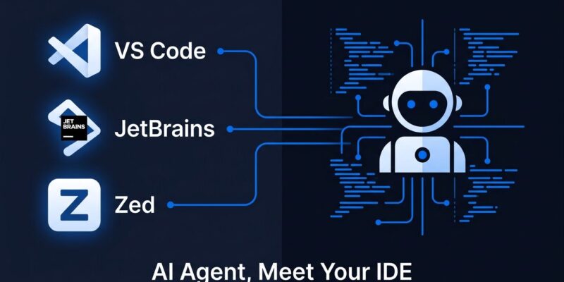 Google Antigravity IDE extensions for VS Code, JetBrains, and Zed — split panel illustration