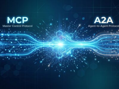 Abstract visualization of MCP and A2A agent protocols converging under AAIF governance