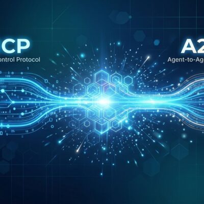 Abstract visualization of MCP and A2A agent protocols converging under AAIF governance