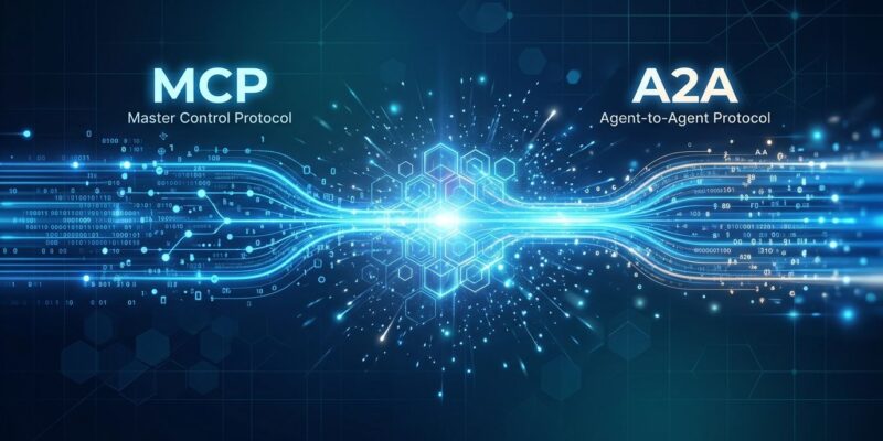 Abstract visualization of MCP and A2A agent protocols converging under AAIF governance