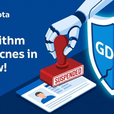 Illustration of algorithmic suspension system with GDPR shield and €825M fine amount