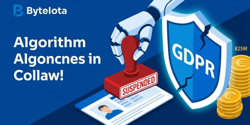 Illustration of algorithmic suspension system with GDPR shield and €825M fine amount