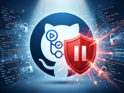 GitHub Actions security feature showing workflow hold and approval mechanism with shield and warning symbols