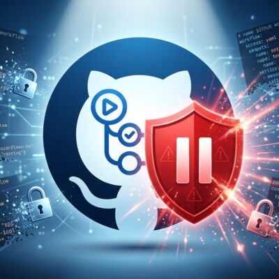GitHub Actions security feature showing workflow hold and approval mechanism with shield and warning symbols