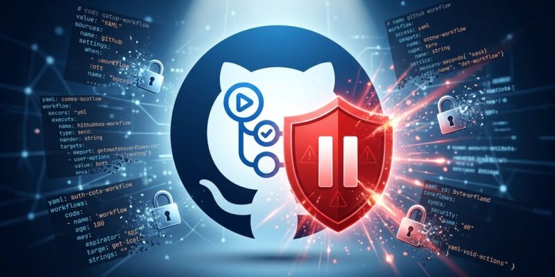 GitHub Actions security feature showing workflow hold and approval mechanism with shield and warning symbols