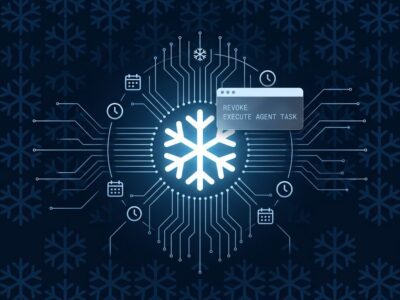 Snowflake CoCo Automations scheduled AI agent with SQL code panel and circuit snowflake pattern