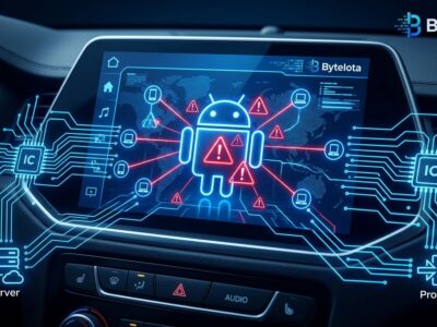 Android car infotainment screen displaying malware alerts with botnet network connection lines, representing JarService and BADBOX automotive threat