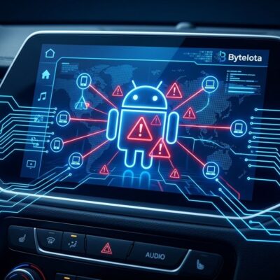 Android car infotainment screen displaying malware alerts with botnet network connection lines, representing JarService and BADBOX automotive threat