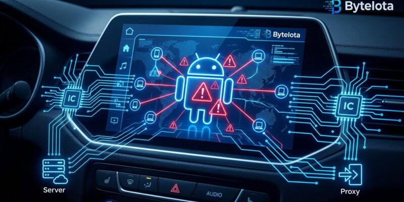 Android car infotainment screen displaying malware alerts with botnet network connection lines, representing JarService and BADBOX automotive threat