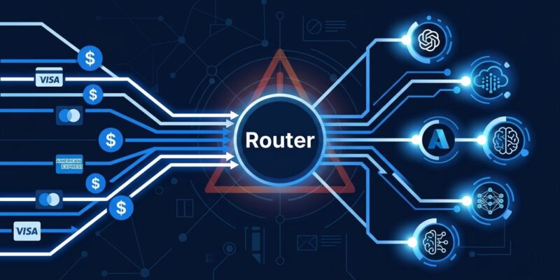 Network diagram showing Stripe acquiring OpenRouter AI model gateway with payment flows and conflict of interest between routing neutrality and billing incentives