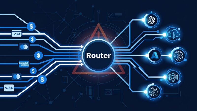 Network diagram showing Stripe acquiring OpenRouter AI model gateway with payment flows and conflict of interest between routing neutrality and billing incentives
