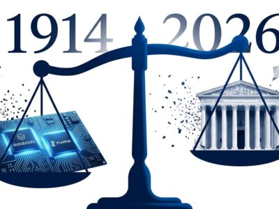 Justice scales balancing tech circuit boards against government courthouse, representing DOJ antitrust probe into Andreessen Horowitz board seats at Databricks and Fivetran
