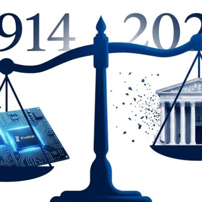 Justice scales balancing tech circuit boards against government courthouse, representing DOJ antitrust probe into Andreessen Horowitz board seats at Databricks and Fivetran
