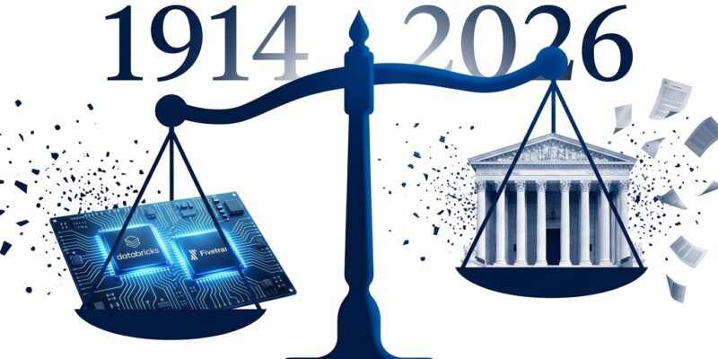 Justice scales balancing tech circuit boards against government courthouse, representing DOJ antitrust probe into Andreessen Horowitz board seats at Databricks and Fivetran