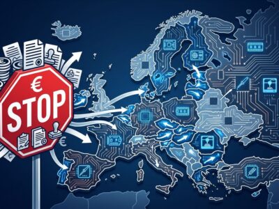 Europe circuit board map with shipping route blockades illustrating EU PPWR packaging regulation burden on makers
