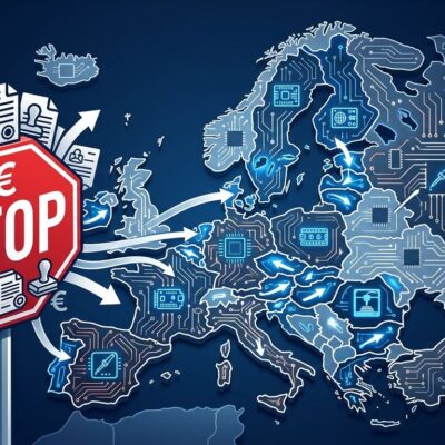 Europe circuit board map with shipping route blockades illustrating EU PPWR packaging regulation burden on makers