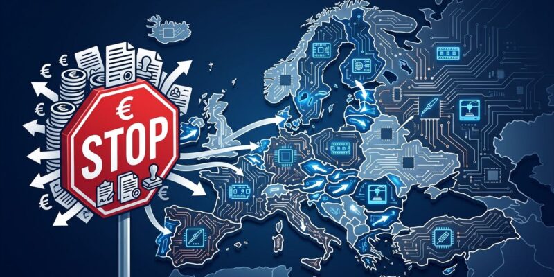 Europe circuit board map with shipping route blockades illustrating EU PPWR packaging regulation burden on makers