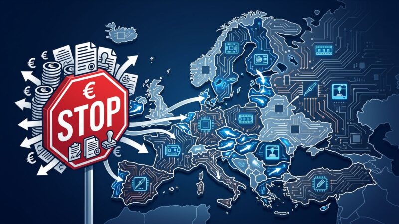 Europe circuit board map with shipping route blockades illustrating EU PPWR packaging regulation burden on makers