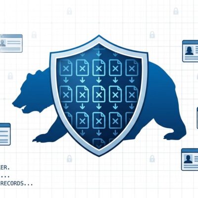 California state data privacy enforcement - DELETE Act DROP platform compliance illustration with data deletion and privacy shield imagery