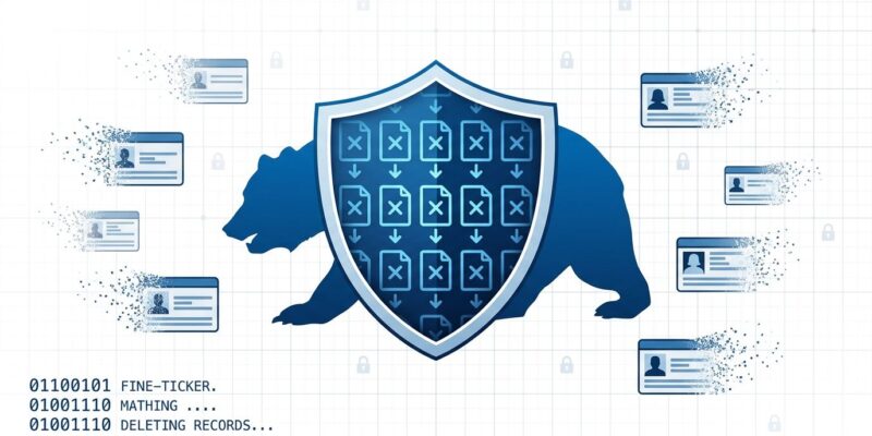 California state data privacy enforcement - DELETE Act DROP platform compliance illustration with data deletion and privacy shield imagery