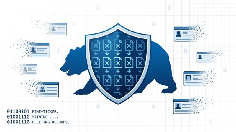 California state data privacy enforcement - DELETE Act DROP platform compliance illustration with data deletion and privacy shield imagery