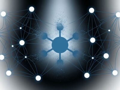 Peer-to-peer network diagram showing central IPFS node fading with particle dispersion, representing the Shipyard shutdown