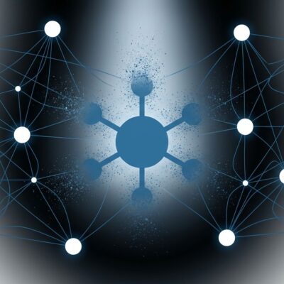 Peer-to-peer network diagram showing central IPFS node fading with particle dispersion, representing the Shipyard shutdown