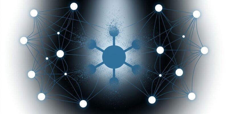 Peer-to-peer network diagram showing central IPFS node fading with particle dispersion, representing the Shipyard shutdown