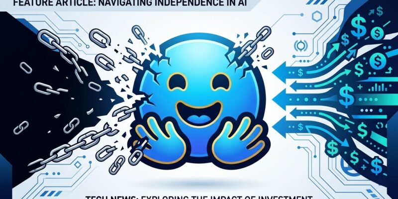 Bold conceptual illustration of the Hugging Face logo with chain symbols breaking apart, representing the acquisition threat to open-source AI neutrality