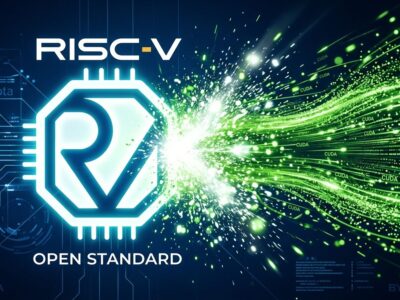 RISC-V logo with CUDA particle stream collision on deep blue background representing Nvidia CUDA RISC-V support