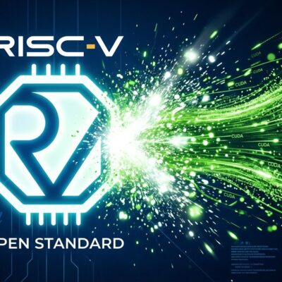 RISC-V logo with CUDA particle stream collision on deep blue background representing Nvidia CUDA RISC-V support