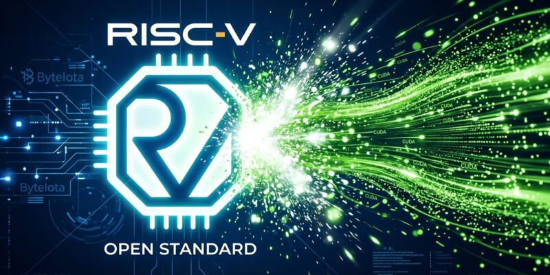RISC-V logo with CUDA particle stream collision on deep blue background representing Nvidia CUDA RISC-V support