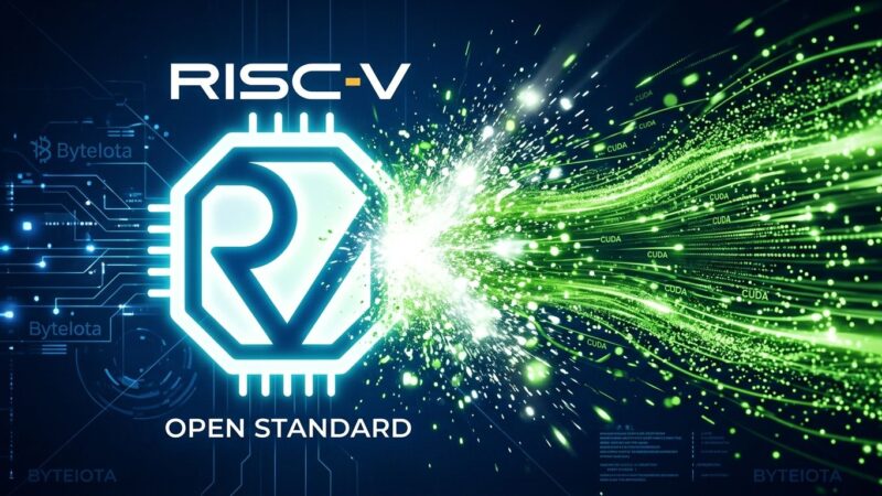 RISC-V logo with CUDA particle stream collision on deep blue background representing Nvidia CUDA RISC-V support