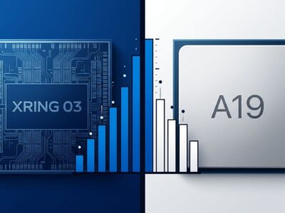 Split-screen comparison of Xiaomi XRing O3 and Apple A19 Pro chips with benchmark bar chart