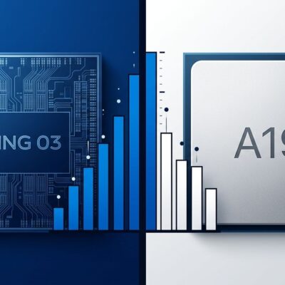 Split-screen comparison of Xiaomi XRing O3 and Apple A19 Pro chips with benchmark bar chart