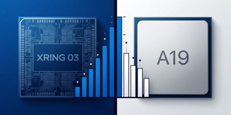 Split-screen comparison of Xiaomi XRing O3 and Apple A19 Pro chips with benchmark bar chart
