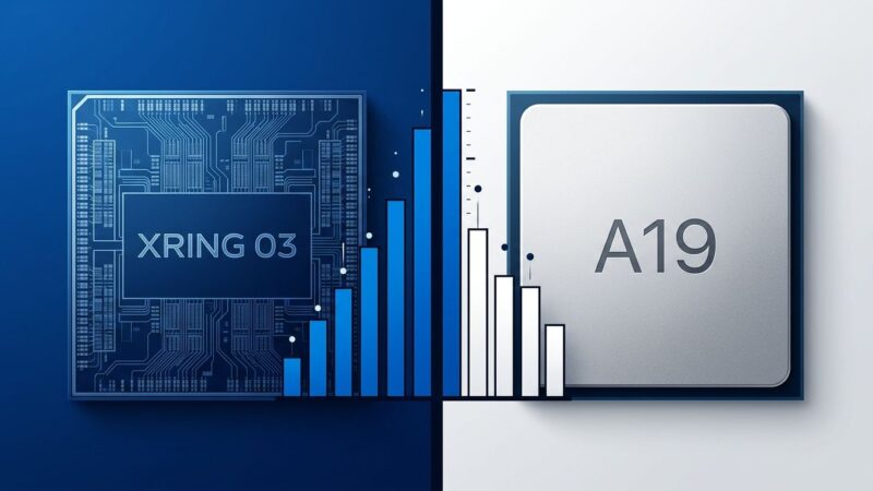 Split-screen comparison of Xiaomi XRing O3 and Apple A19 Pro chips with benchmark bar chart
