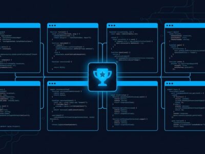 Eight parallel AI coding agent terminal windows in a grid representing Grok Build Arena Mode