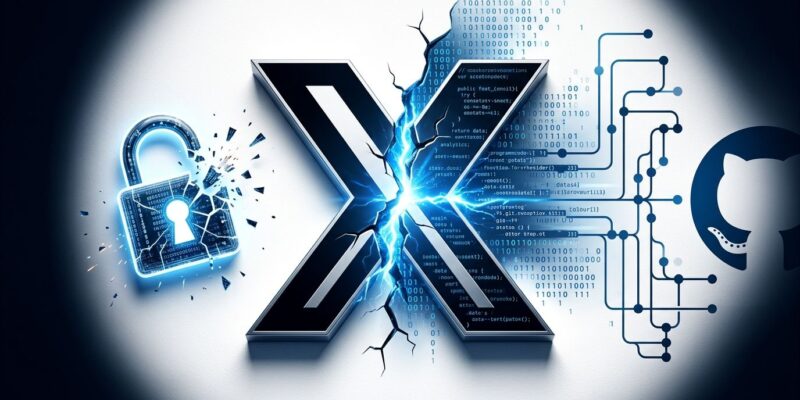 X platform logo cracked open with code streaming out representing the open-source codebase release