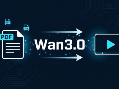 Alibaba Wan3.0 AI video generation model - document to video conversion diagram with PDF and video icons on dark blue background